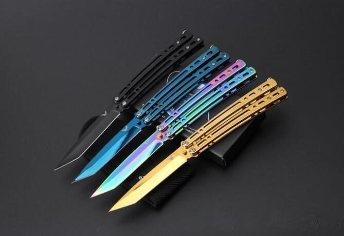 Tanto Butterfly Knife w/ Spring Latch 440C Mirror Finish - Rainbow Titanium Knife-Balisong - Tophatter Daily Deals