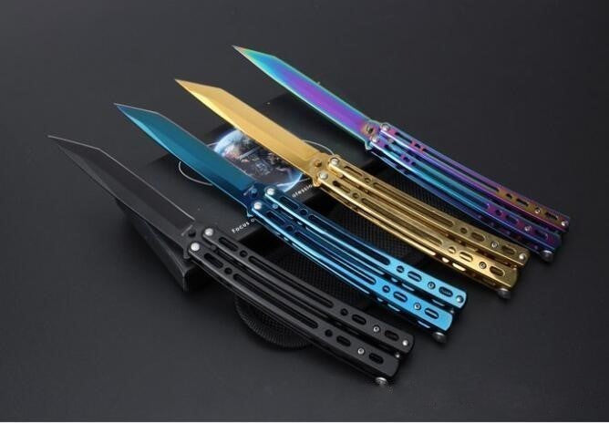 Tanto Butterfly Knife w/ Spring Latch 440C Mirror Finish - Rainbow Titanium Knife-Balisong - Tophatter Daily Deals