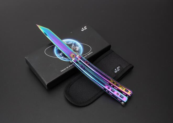 Tanto Butterfly Knife w/ Spring Latch 440C Mirror Finish - Rainbow Titanium Rainbow Knife-Balisong - Tophatter Daily Deals