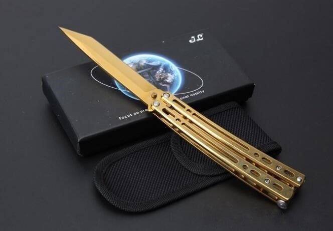 Tanto Butterfly Knife w/ Spring Latch 440C Mirror Finish - Chrome 5 colors Gold Knife-Balisong - Tophatter Daily Deals