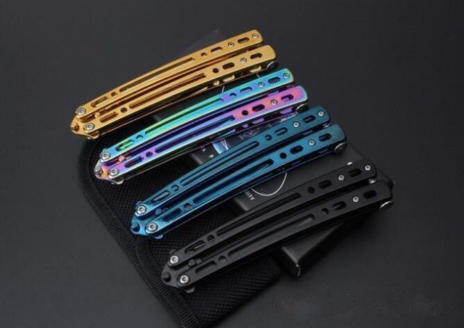 Tanto Butterfly Knife w/ Spring Latch 440C Mirror Finish - Rainbow Titanium Knife-Balisong - Tophatter Daily Deals