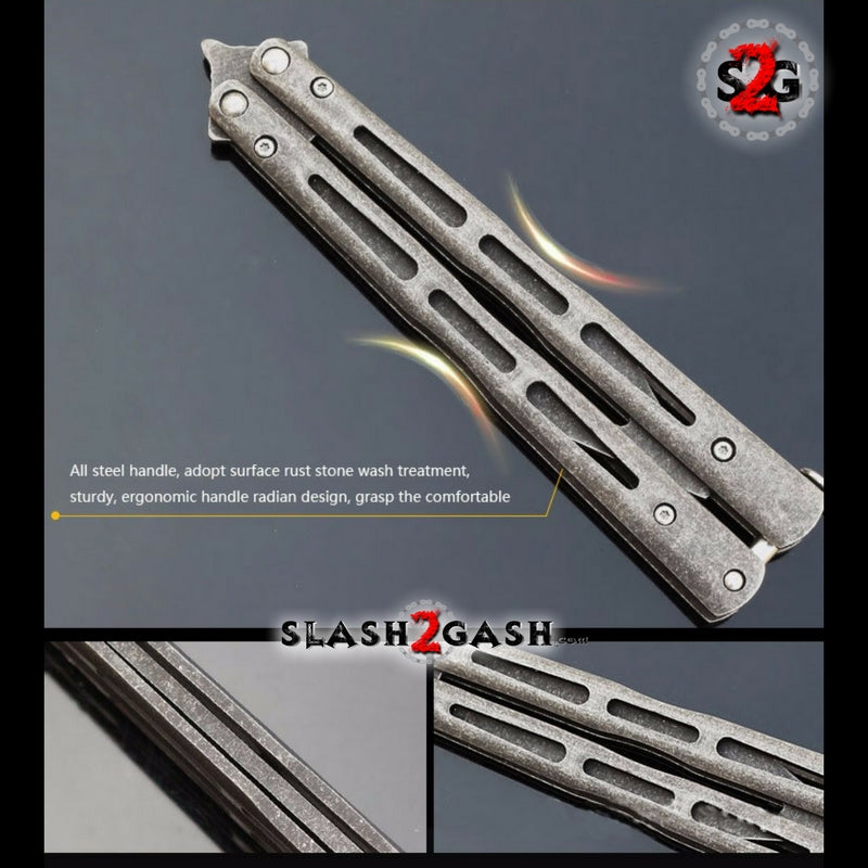 Stonewash Butterfly Knife TRAINER Balisong w/ Zen Pins + Spring Latch Knife-Balisong - Tophatter Daily Deals