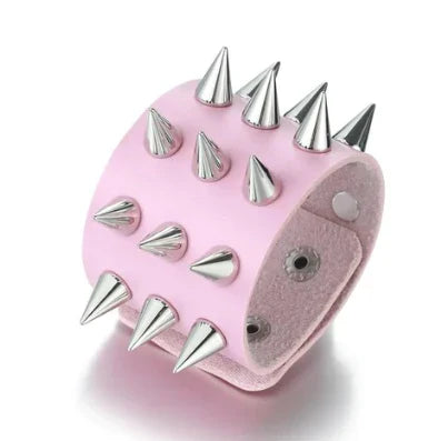 PINK TRIPLE ROW SPIKED PUNK LEATHER BRACELET - Tophatter Daily Deals