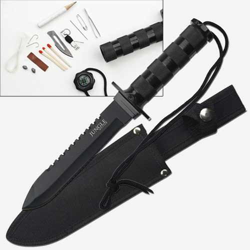 11.25" Black Serrated Jungle Survival Knife, Sheath and Kit - Tophatter's Army Products & Self Defense Collectible Weapons - Tophatter Daily Deals