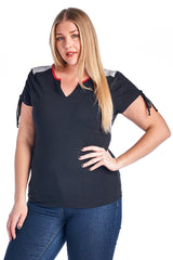 Women's Plus Size V-Neck Top with Sleeve Ties Black 27 Plus Size / Tops - Tophatter Daily Deals