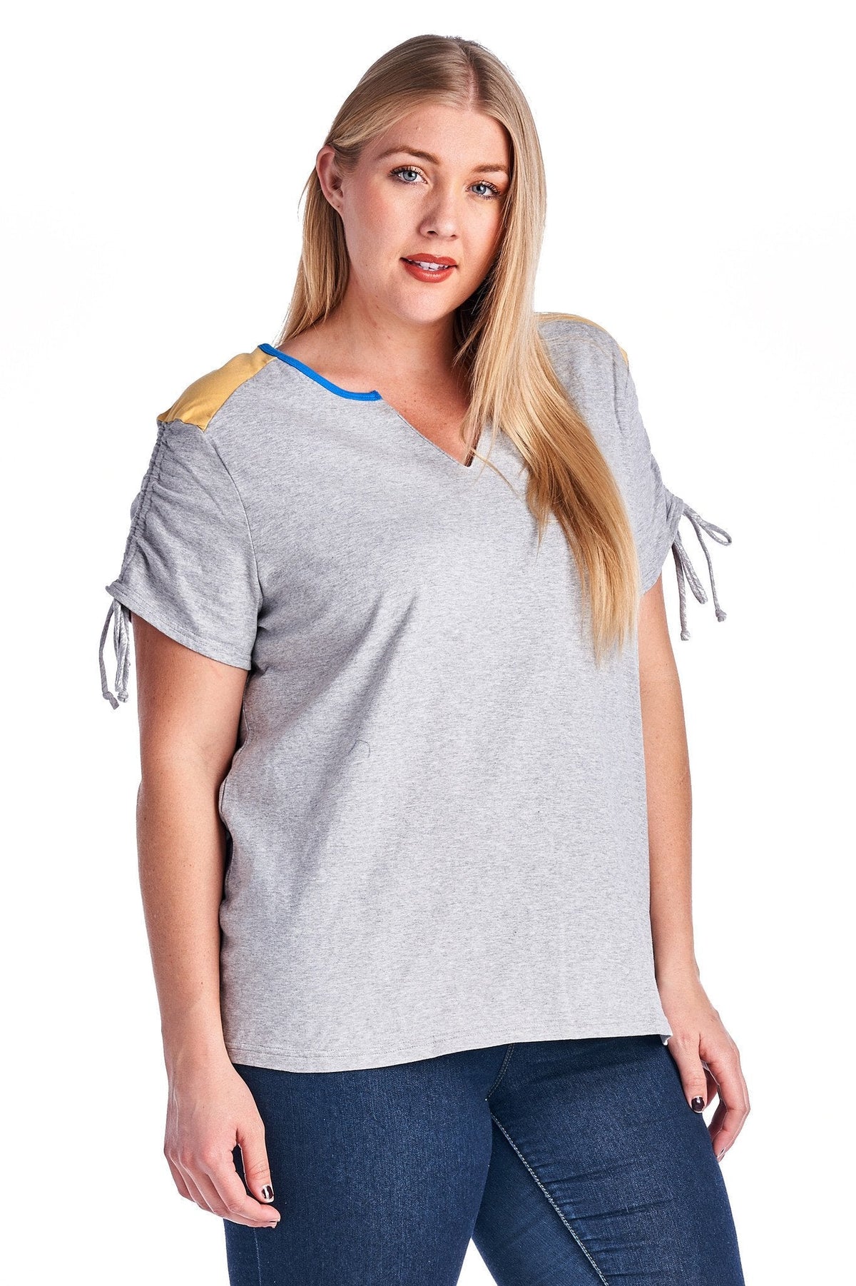 Women's Plus Size V-Neck Top with Sleeve Ties Grey 7 Plus Size / Tops - Tophatter Daily Deals