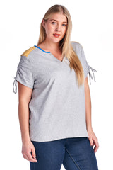 Women's Plus Size V-Neck Top with Sleeve Ties Grey 7 Plus Size / Tops - Tophatter Daily Deals