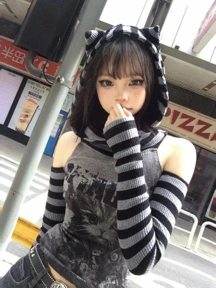 Japanese Striped Patchwork Hoodie for Women Gothic Retro Cat Print Hollow Slimming Pullover Harajuku Style Dark Punk Top - Tophatter Daily Deals