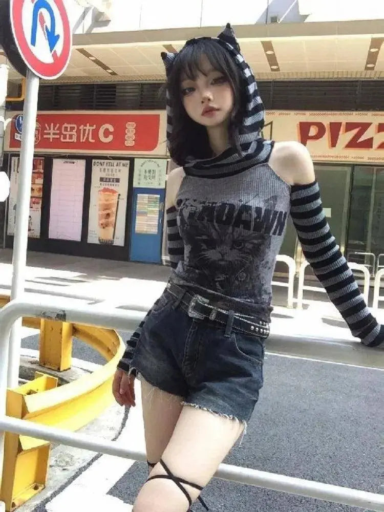 Japanese Striped Patchwork Hoodie for Women Gothic Retro Cat Print Hollow Slimming Pullover Harajuku Style Dark Punk Top - Tophatter Daily Deals