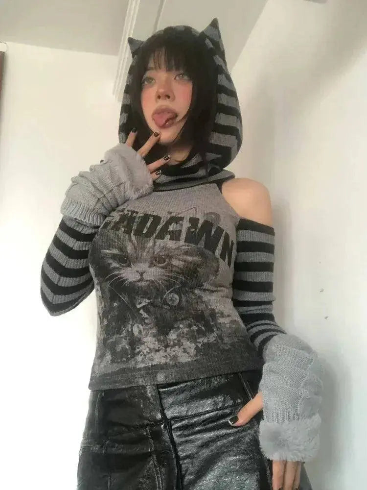 Japanese Striped Patchwork Hoodie for Women Gothic Retro Cat Print Hollow Slimming Pullover Harajuku Style Dark Punk Top - Tophatter Daily Deals