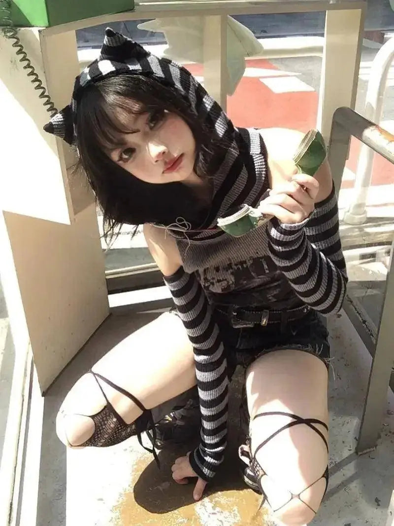 Japanese Striped Patchwork Hoodie for Women Gothic Retro Cat Print Hollow Slimming Pullover Harajuku Style Dark Punk Top - Tophatter Daily Deals