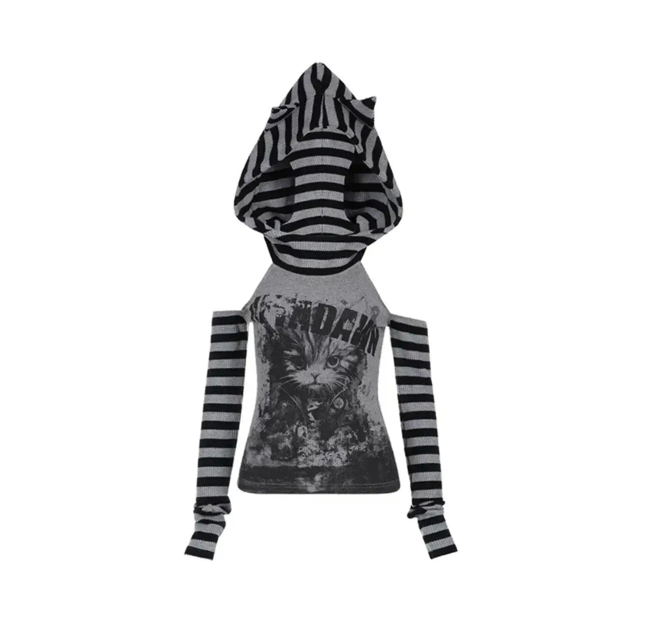 Japanese Striped Patchwork Hoodie for Women Gothic Retro Cat Print Hollow Slimming Pullover Harajuku Style Dark Punk Top Gray - Tophatter Daily Deals