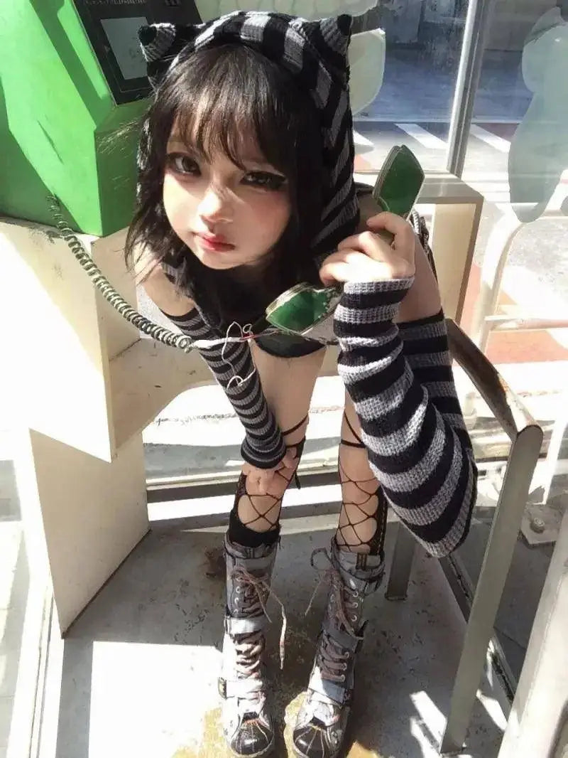 Japanese Striped Patchwork Hoodie for Women Gothic Retro Cat Print Hollow Slimming Pullover Harajuku Style Dark Punk Top - Tophatter Daily Deals