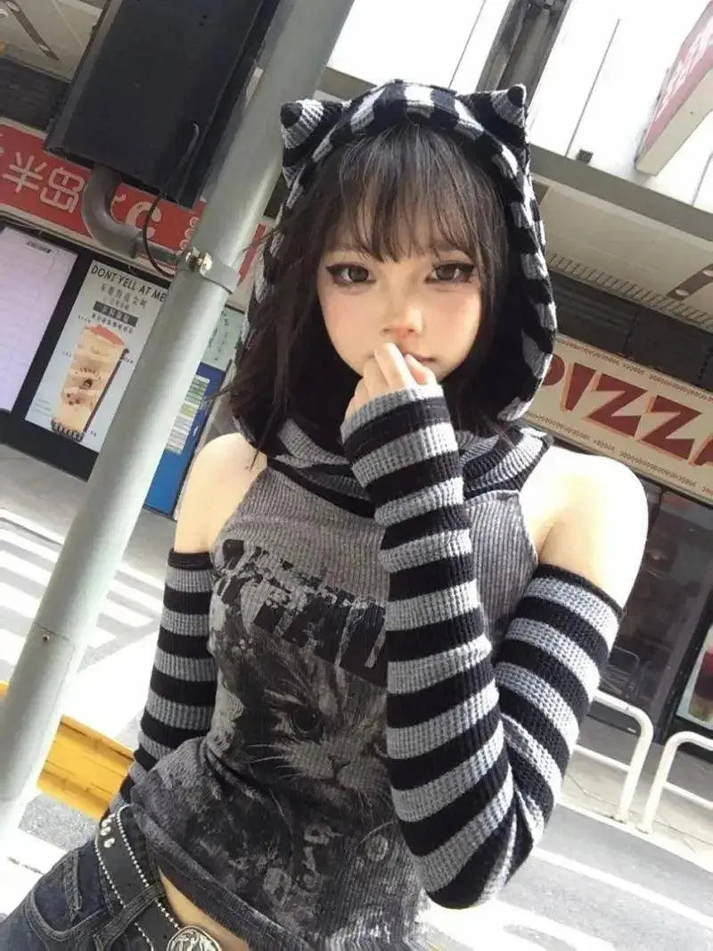 Japanese Striped Patchwork Hoodie for Women Gothic Retro Cat Print Hollow Slimming Pullover Harajuku Style Dark Punk Top - Tophatter Daily Deals