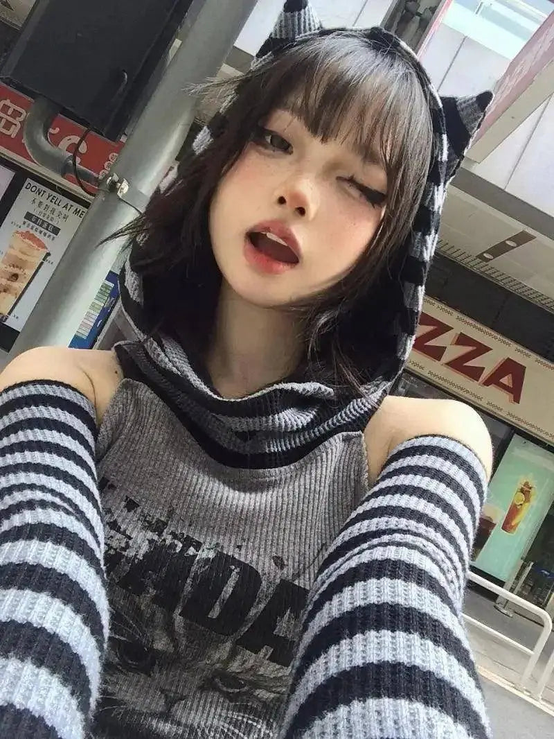 Japanese Striped Patchwork Hoodie for Women Gothic Retro Cat Print Hollow Slimming Pullover Harajuku Style Dark Punk Top - Tophatter Daily Deals