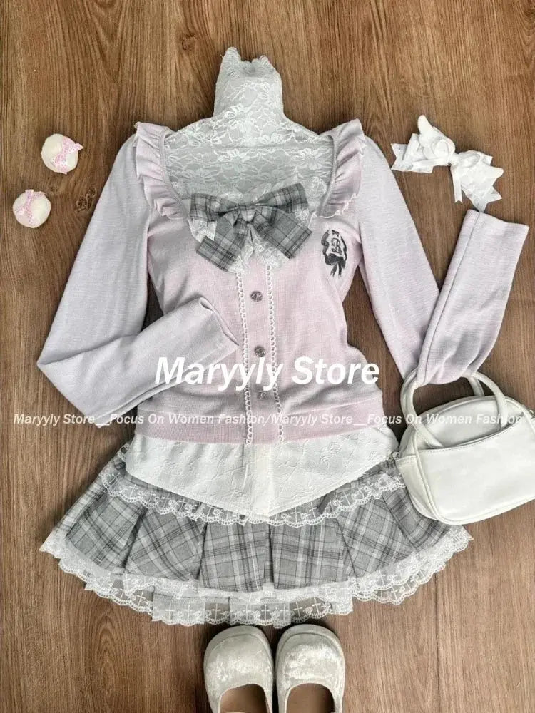 Japanese Sweet Preppy Style Skirt Set Women Kawaii Lace Patchwork Bow Tops + Y2k Plaid Mini Skirt Elegant Outifits 2 Piece Set - Tophatter Daily Deals