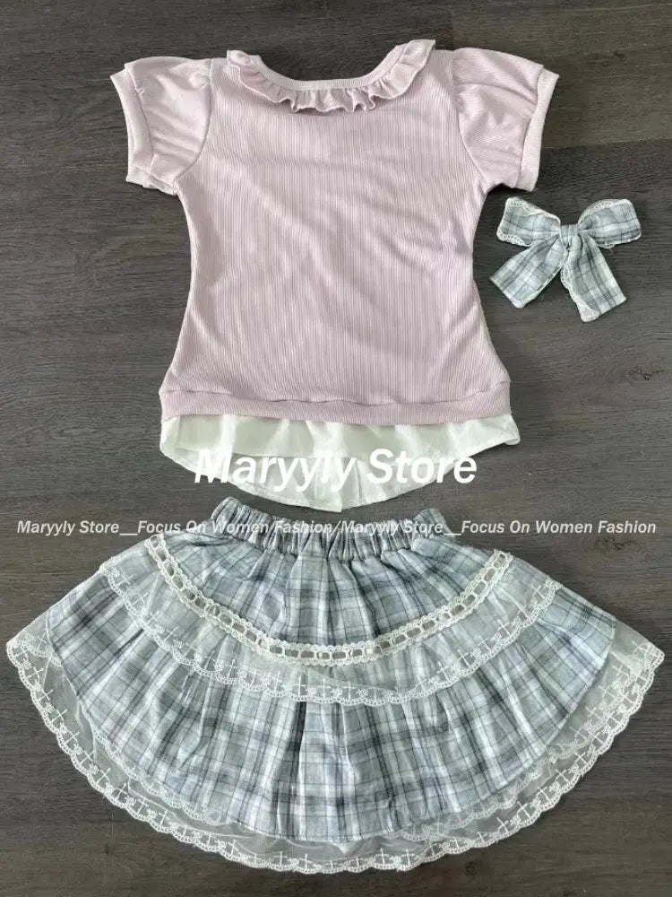 Japanese Sweet Preppy Style Skirt Set Women Kawaii Lace Patchwork Bow Tops + Y2k Plaid Mini Skirt Elegant Outifits 2 Piece Set - Tophatter Daily Deals