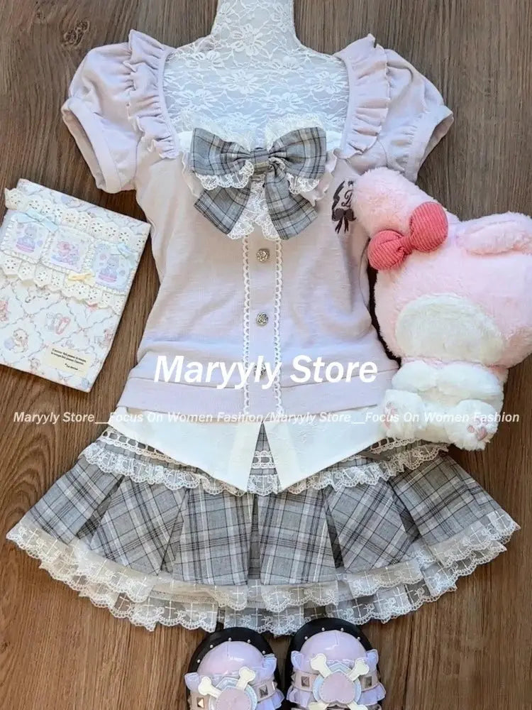 Japanese Sweet Preppy Style Skirt Set Women Kawaii Lace Patchwork Bow Tops + Y2k Plaid Mini Skirt Elegant Outifits 2 Piece Set - Tophatter Daily Deals