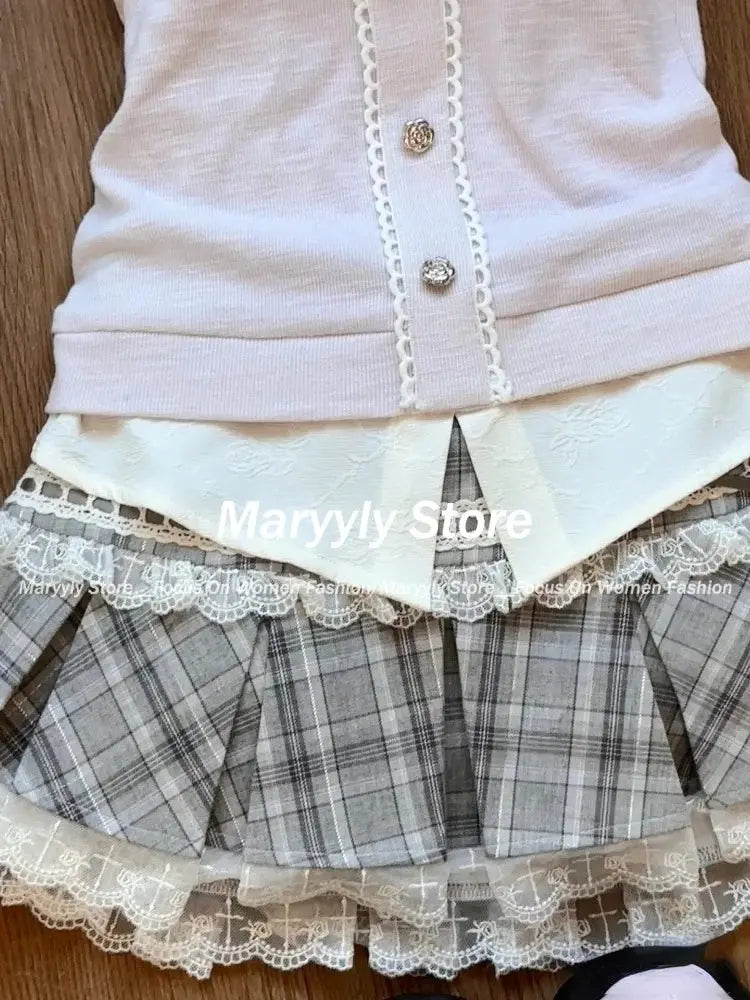 Japanese Sweet Preppy Style Skirt Set Women Kawaii Lace Patchwork Bow Tops + Y2k Plaid Mini Skirt Elegant Outifits 2 Piece Set - Tophatter Daily Deals