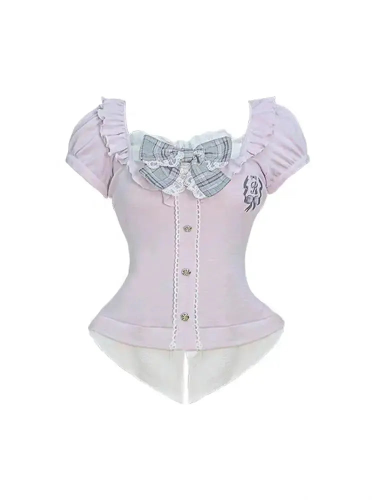 Japanese Sweet Preppy Style Skirt Set Women Kawaii Lace Patchwork Bow Tops + Y2k Plaid Mini Skirt Elegant Outifits 2 Piece Set - Tophatter Daily Deals