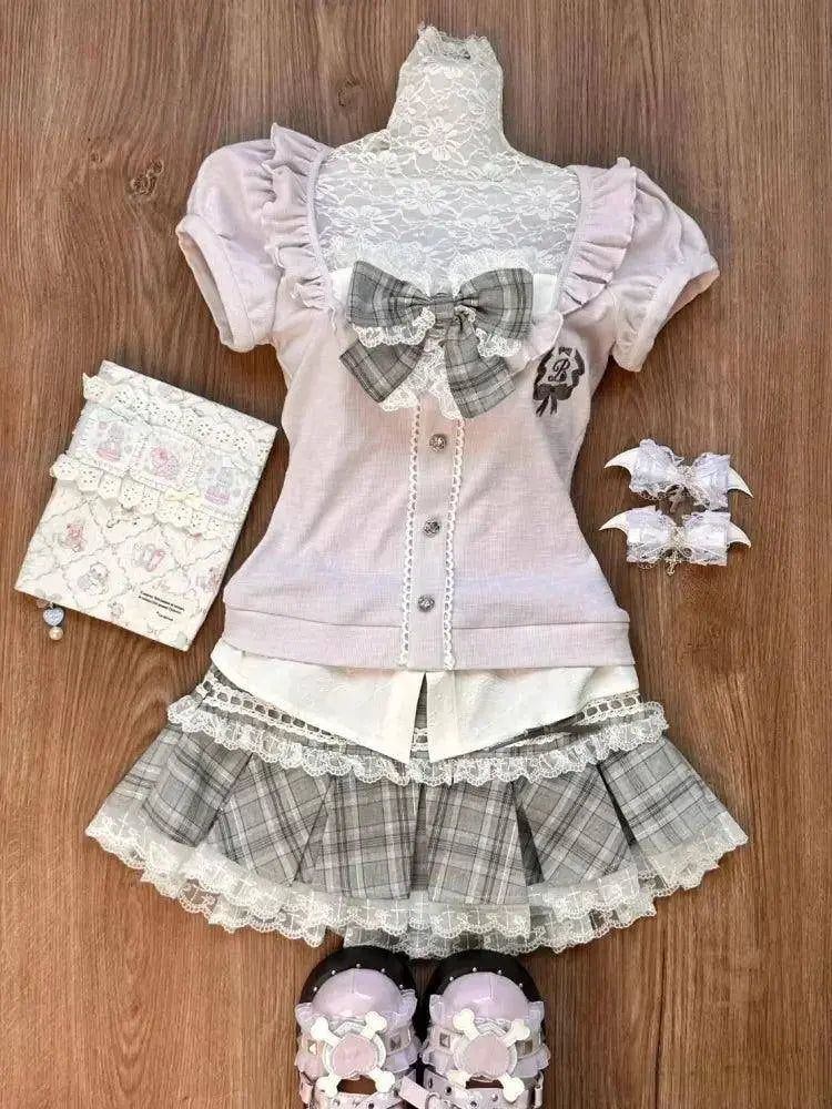 Japanese Sweet Preppy Style Skirt Set Women Kawaii Lace Patchwork Bow Tops + Y2k Plaid Mini Skirt Elegant Outifits 2 Piece Set - Tophatter Daily Deals