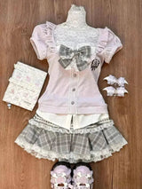 Japanese Sweet Preppy Style Skirt Set Women Kawaii Lace Patchwork Bow Tops + Y2k Plaid Mini Skirt Elegant Outifits 2 Piece Set - Tophatter Daily Deals