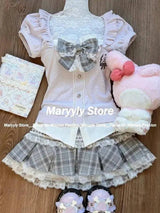 Japanese Sweet Preppy Style Skirt Set Women Kawaii Lace Patchwork Bow Tops + Y2k Plaid Mini Skirt Elegant Outifits 2 Piece Set - Tophatter Daily Deals