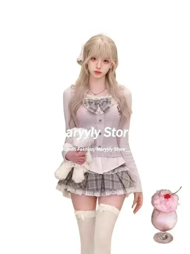 Japanese Sweet Preppy Style Skirt Set Women Kawaii Lace Patchwork Bow Tops + Y2k Plaid Mini Skirt Elegant Outifits 2 Piece Set - Tophatter Daily Deals