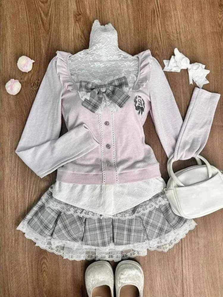 Japanese Sweet Preppy Style Skirt Set Women Kawaii Lace Patchwork Bow Tops + Y2k Plaid Mini Skirt Elegant Outifits 2 Piece Set Long Sleeve Set - Tophatter Daily Deals