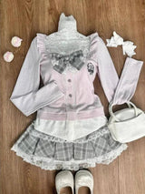 Japanese Sweet Preppy Style Skirt Set Women Kawaii Lace Patchwork Bow Tops + Y2k Plaid Mini Skirt Elegant Outifits 2 Piece Set Long Sleeve Set - Tophatter Daily Deals