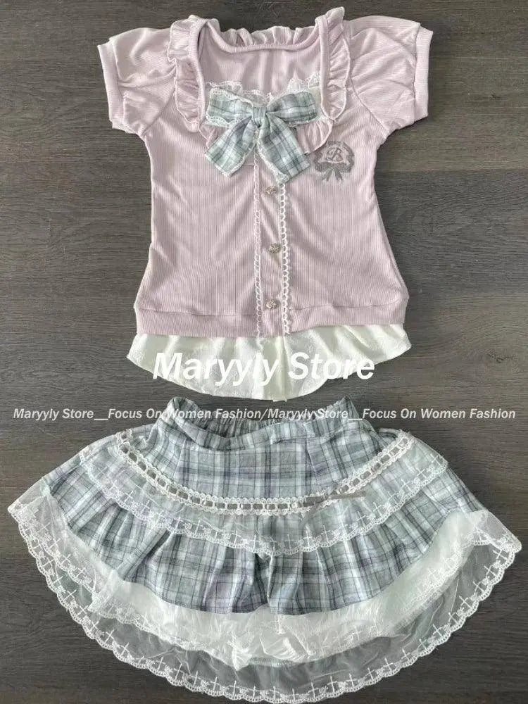 Japanese Sweet Preppy Style Skirt Set Women Kawaii Lace Patchwork Bow Tops + Y2k Plaid Mini Skirt Elegant Outifits 2 Piece Set - Tophatter Daily Deals