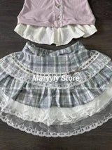 Japanese Sweet Preppy Style Skirt Set Women Kawaii Lace Patchwork Bow Tops + Y2k Plaid Mini Skirt Elegant Outifits 2 Piece Set - Tophatter Daily Deals