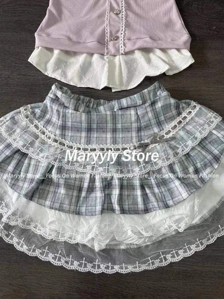 Japanese Sweet Preppy Style Skirt Set Women Kawaii Lace Patchwork Bow Tops + Y2k Plaid Mini Skirt Elegant Outifits 2 Piece Set - Tophatter Daily Deals