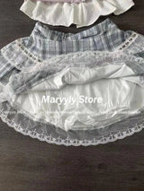 Japanese Sweet Preppy Style Skirt Set Women Kawaii Lace Patchwork Bow Tops + Y2k Plaid Mini Skirt Elegant Outifits 2 Piece Set - Tophatter Daily Deals