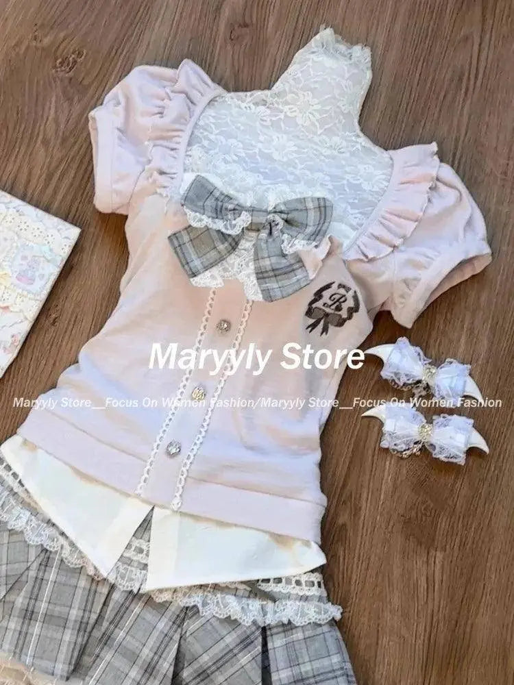 Japanese Sweet Preppy Style Skirt Set Women Kawaii Lace Patchwork Bow Tops + Y2k Plaid Mini Skirt Elegant Outifits 2 Piece Set - Tophatter Daily Deals