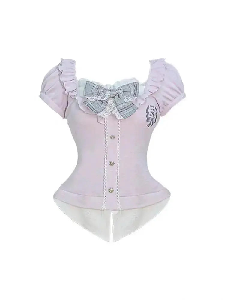 Japanese Sweet Preppy Style Skirt Set Women Kawaii Lace Patchwork Bow Tops + Y2k Plaid Mini Skirt Elegant Outifits 2 Piece Set - Tophatter Daily Deals