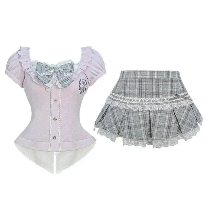 Japanese Sweet Preppy Style Skirt Set Women Kawaii Lace Patchwork Bow Tops + Y2k Plaid Mini Skirt Elegant Outifits 2 Piece Set - Tophatter Daily Deals