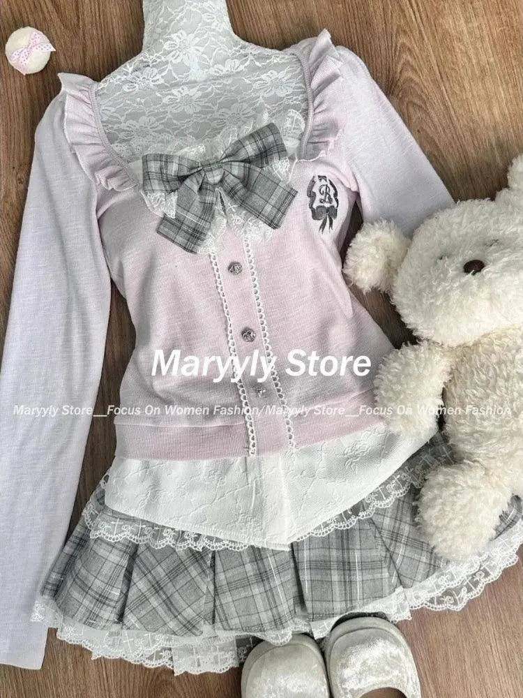 Japanese Sweet Preppy Style Skirt Set Women Kawaii Lace Patchwork Bow Tops + Y2k Plaid Mini Skirt Elegant Outifits 2 Piece Set - Tophatter Daily Deals