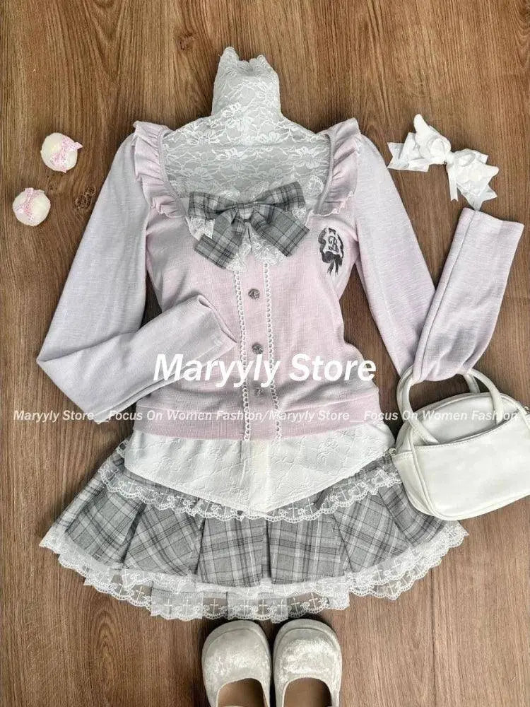 Japanese Sweet Preppy Style Skirt Set Women Kawaii Lace Patchwork Bow Tops + Y2k Plaid Mini Skirt Elegant Outifits 2 Piece Set - Tophatter Daily Deals