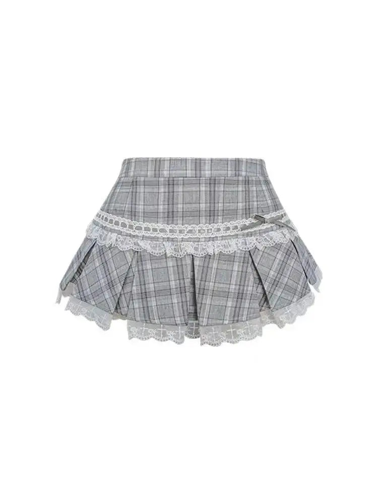 Japanese Sweet Preppy Style Skirt Set Women Kawaii Lace Patchwork Bow Tops + Y2k Plaid Mini Skirt Elegant Outifits 2 Piece Set - Tophatter Daily Deals