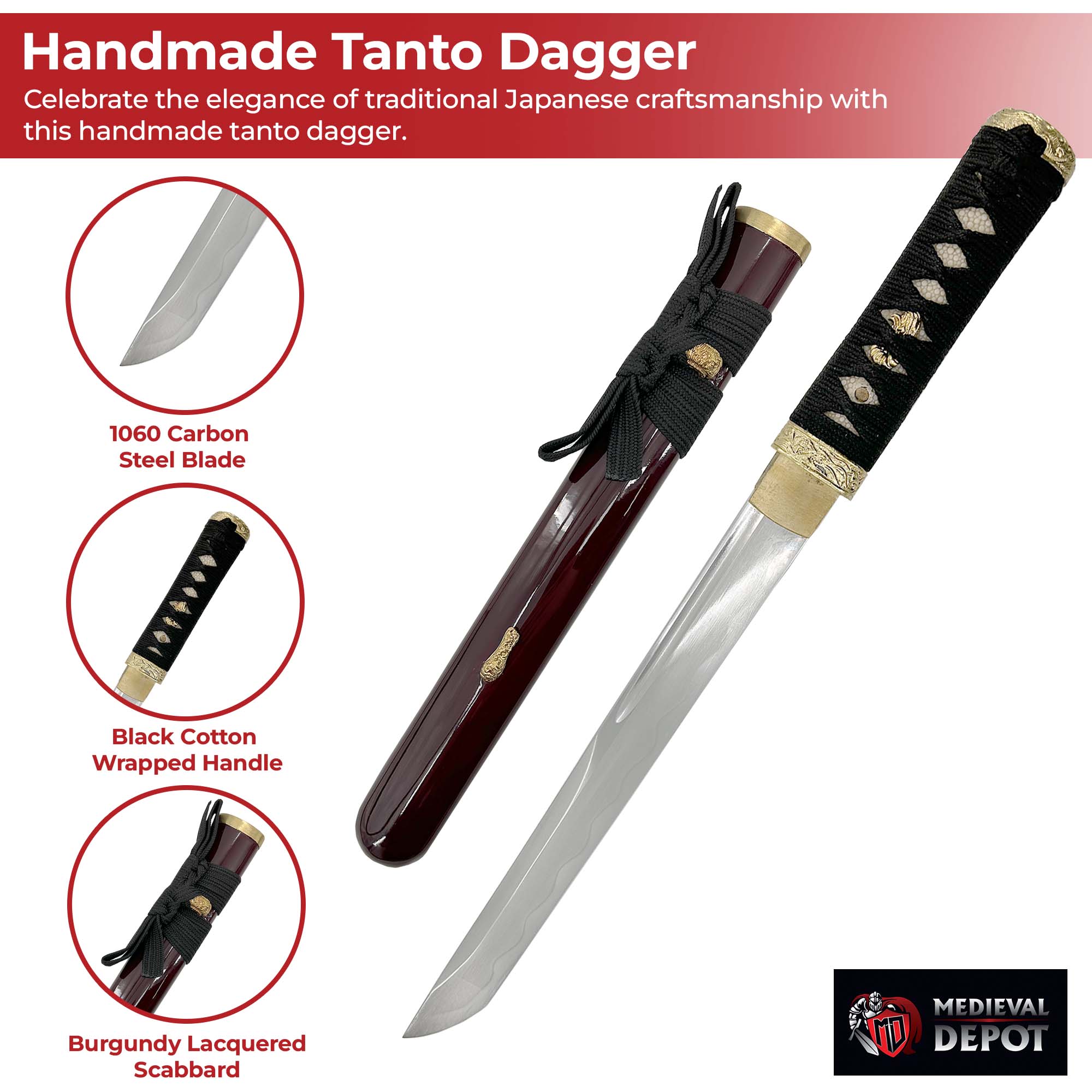 Japanese Tanto Dagger Burgundy Edition Daggers - Tophatter Daily Deals