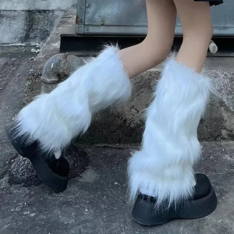 Japanese White Faux Fur Leg Warmers Boot Covers Y2K Goth Solid Leg Socks Punk Jk Knee-length Hiphop Hotgirl Fashion Warm Sock - Tophatter Daily Deals