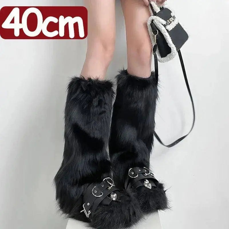 Japanese White Faux Fur Leg Warmers Boot Covers Y2K Goth Solid Leg Socks Punk Jk Knee-length Hiphop Hotgirl Fashion Warm Sock Black-40cm One Size - Tophatter Daily Deals