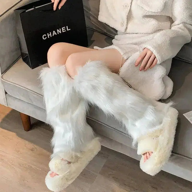 Japanese White Faux Fur Leg Warmers Boot Covers Y2K Goth Solid Leg Socks Punk Jk Knee-length Hiphop Hotgirl Fashion Warm Sock - Tophatter Daily Deals