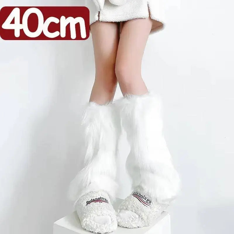 Japanese White Faux Fur Leg Warmers Boot Covers Y2K White-40Cm One Size - Tophatter Daily Deals