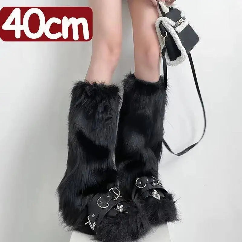 Japanese White Faux Fur Leg Warmers Boot Covers Y2K Black-40Cm One Size - Tophatter Daily Deals