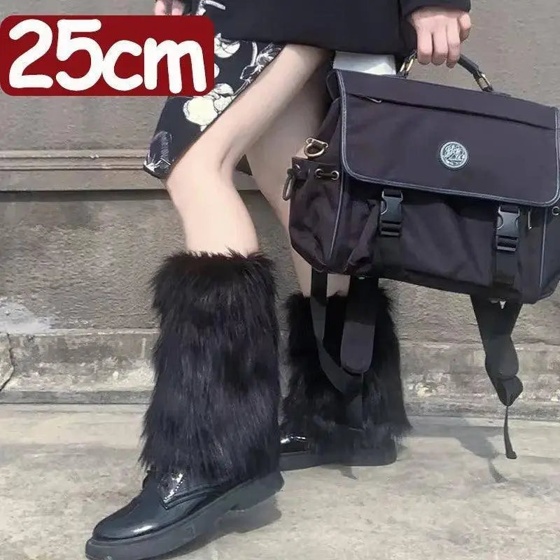Japanese White Faux Fur Leg Warmers Boot Covers Y2K Black-25Cm One Size - Tophatter Daily Deals