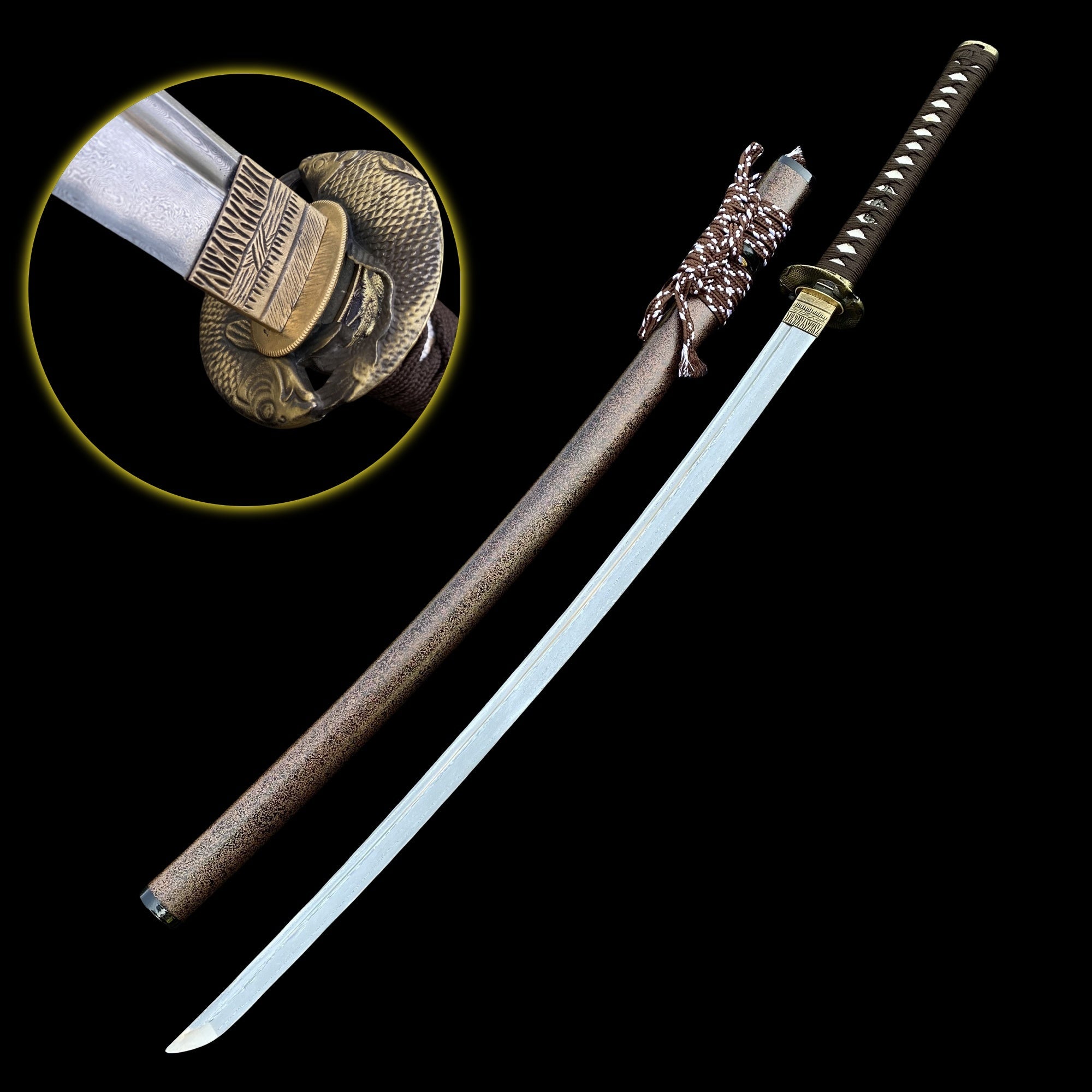 Damascus Steel Samurai Katana - Carp Fish Tsuba Edged (Sharp) - Tophatter Daily Deals