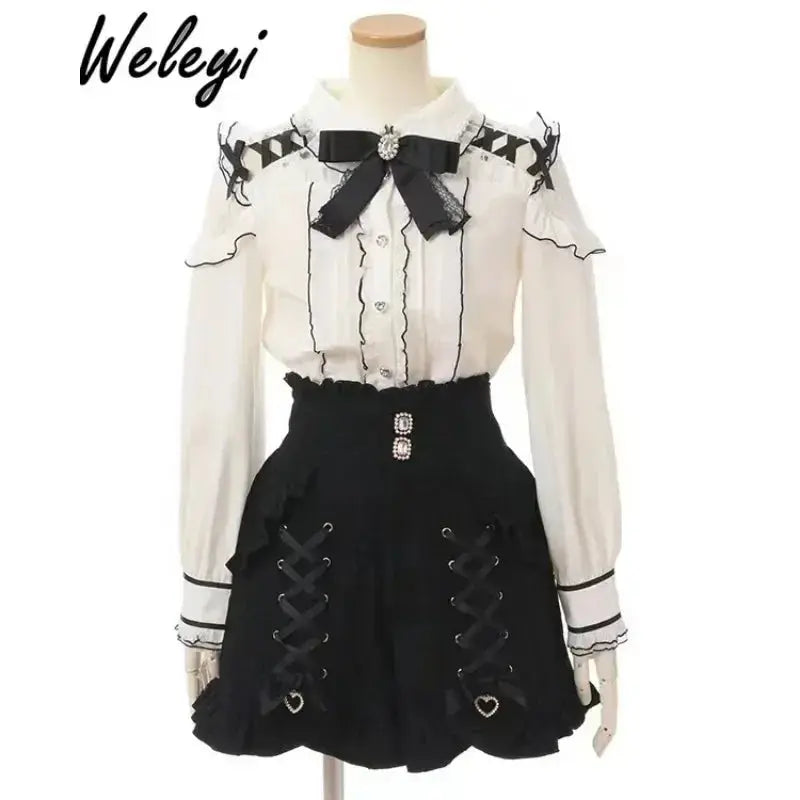 Jirai Kei Women Shirts Lolita Sweet Japanese Spring Top Mine Series Mass Production Off Shoulder Hollow Lace Long Sleeve Blouse - Tophatter Daily Deals