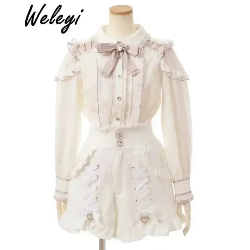 Jirai Kei Women Shirts Lolita Sweet Japanese Spring Top Mine Series Mass Production Off Shoulder Hollow Lace Long Sleeve Blouse - Tophatter Daily Deals